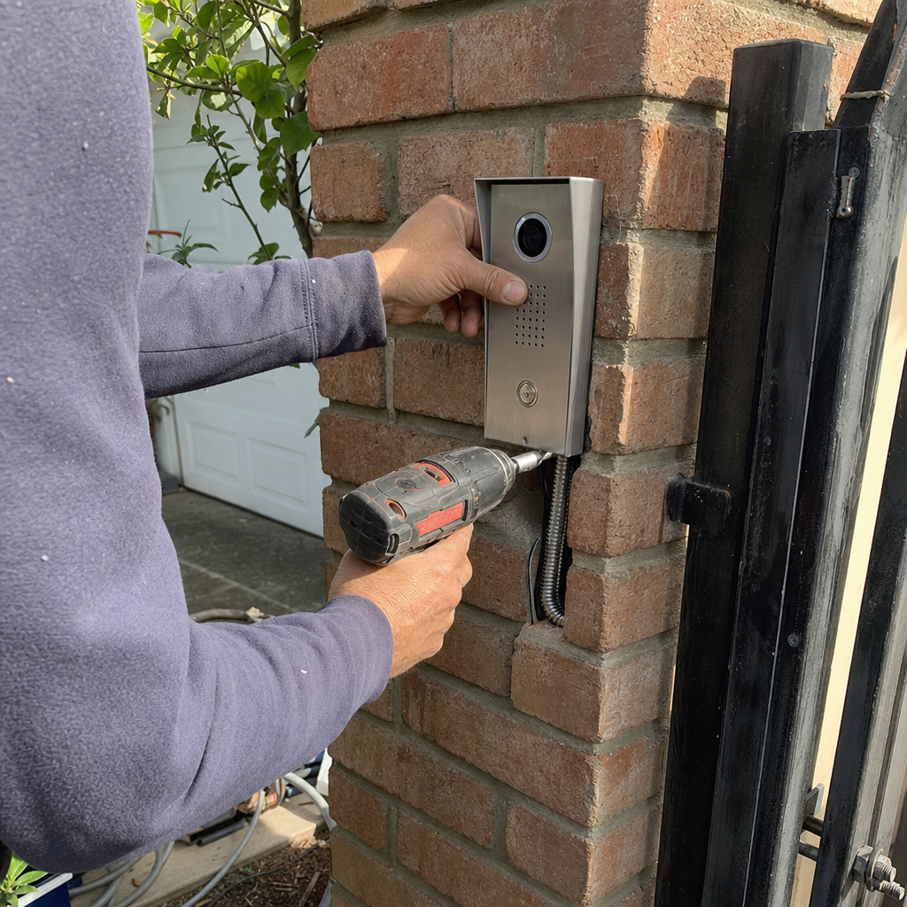 Gate access control installation by technician with drill