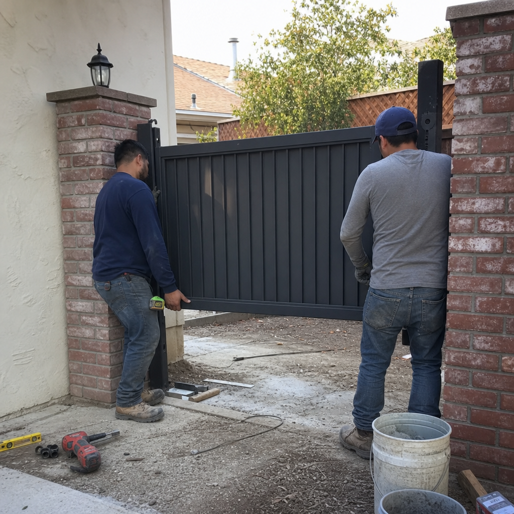 Gate installation service with professionals installing a metal gate.