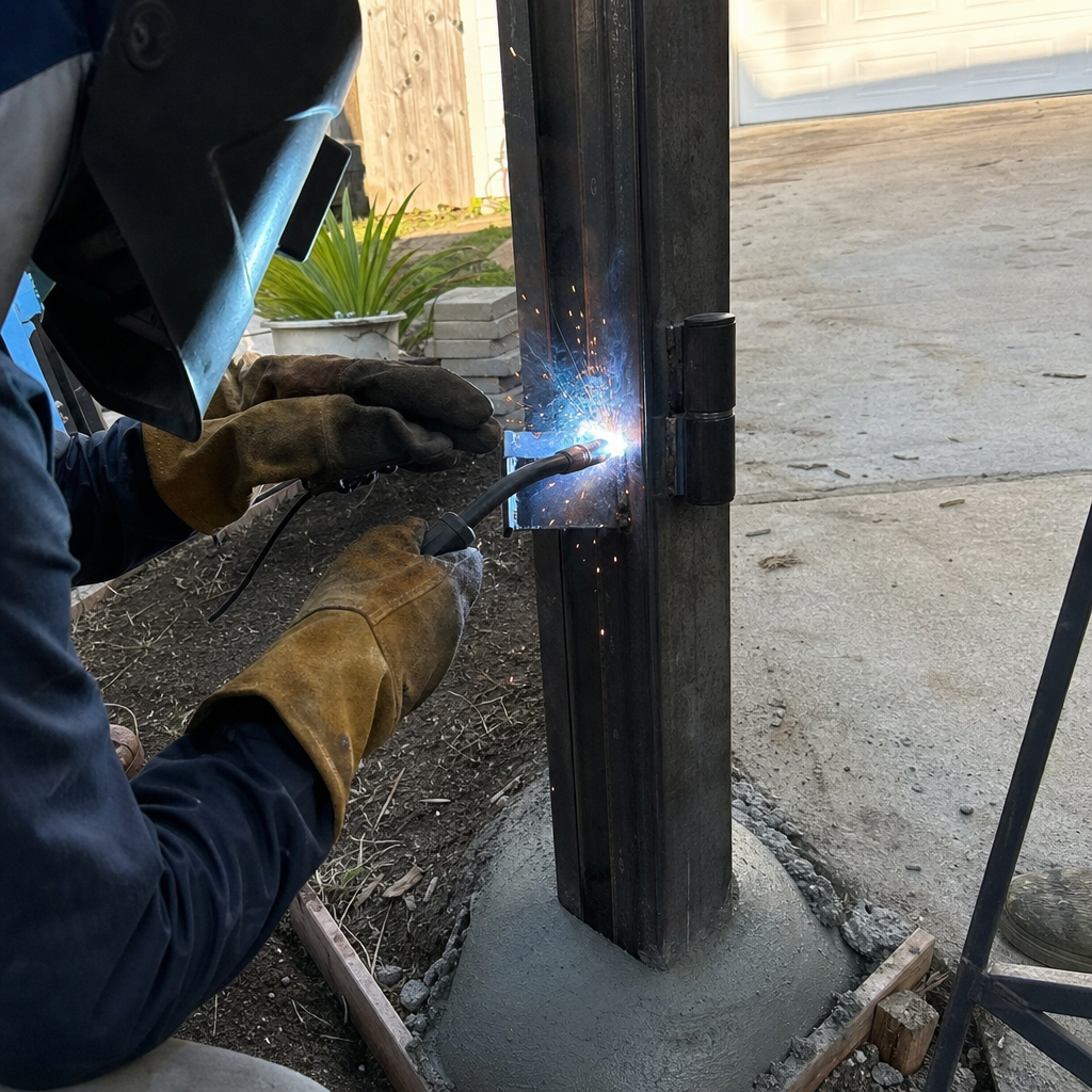 Welder installing gate hinge on metal post during gate installation.
