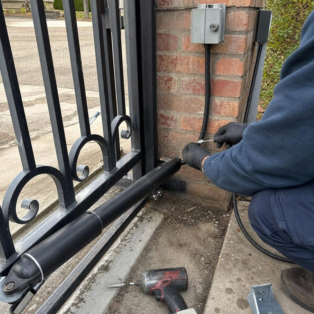 Gate motor and opener installation on a black metal gate.