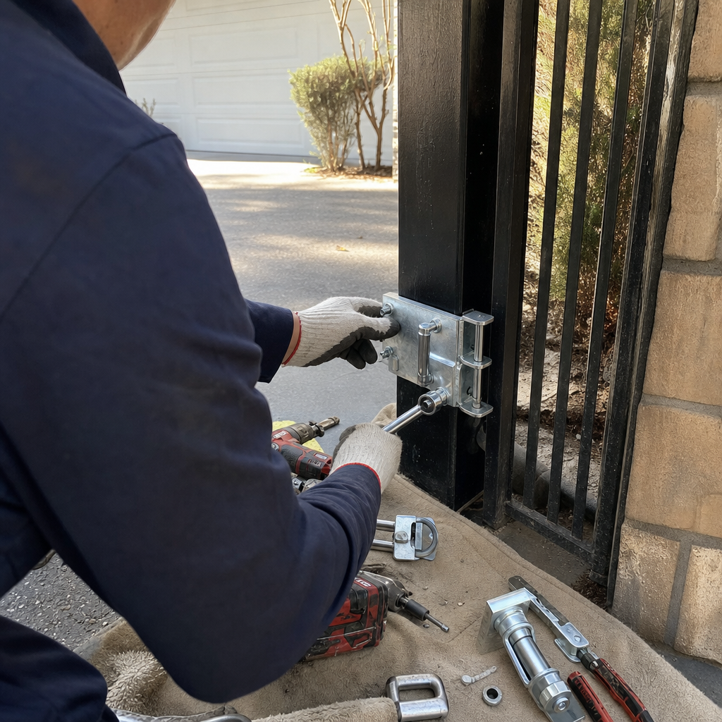 Gate repair, person installing latch, gate hardware, professional service