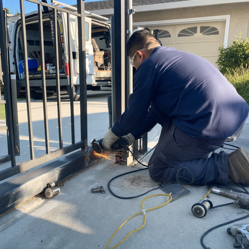 Gate repair professional grinding metal with an angle grinder
