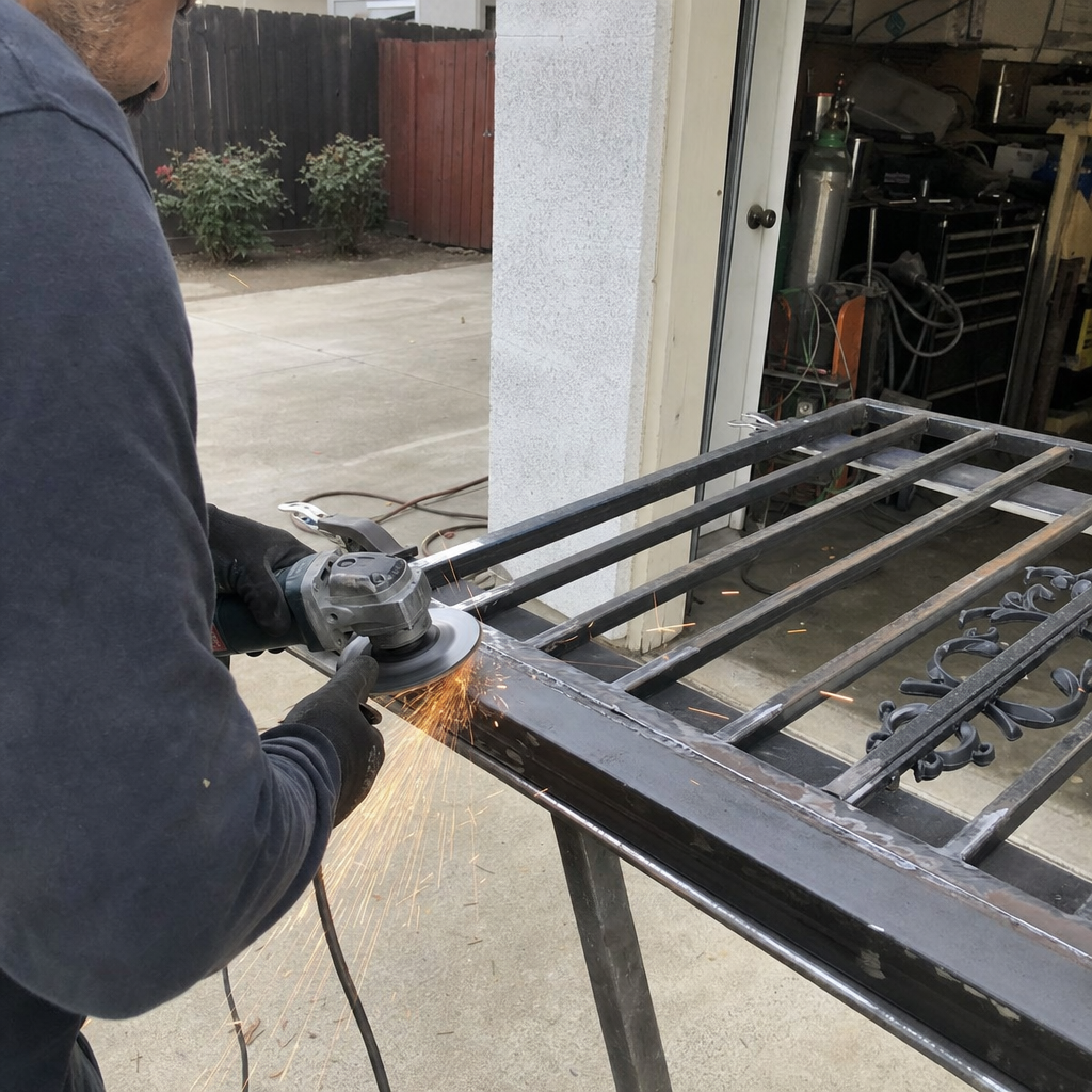 Metal gate fabrication and welding in progress with sparks flying in Alameda, CA